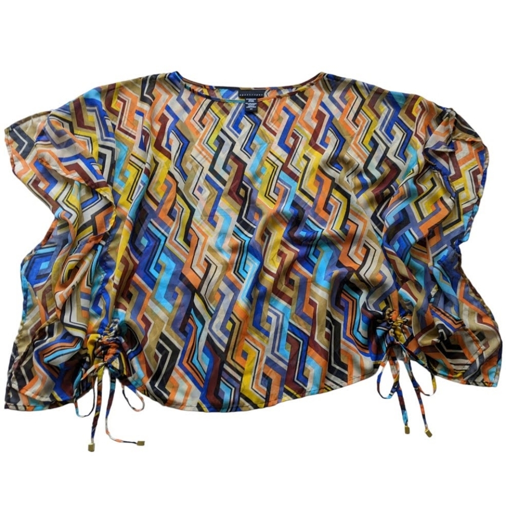 Apostrophe Vibrant Flowy Chiffon Blouse Split Sleeve Cinch Tie Blouse